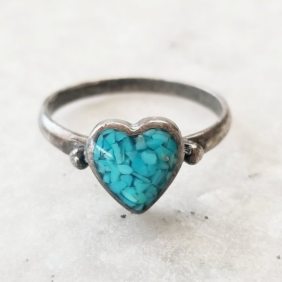 Turquoise Stone Chip Heart 925 Sterling Ring 6 - Picture 2 of 4